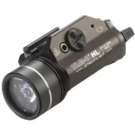Streamlight TLR-1, black angled front view with round lens, rail clamp and side switch