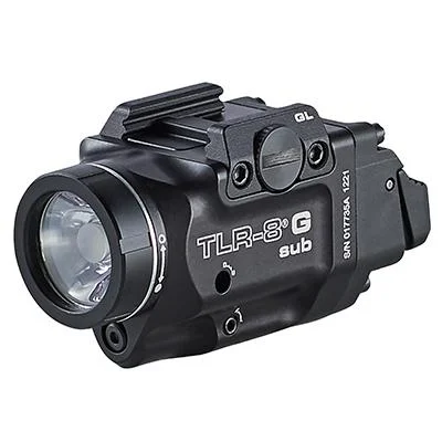 Streamlight TLR-8 G black gun light, angled front and right-side view with lens, controls and rail mount
