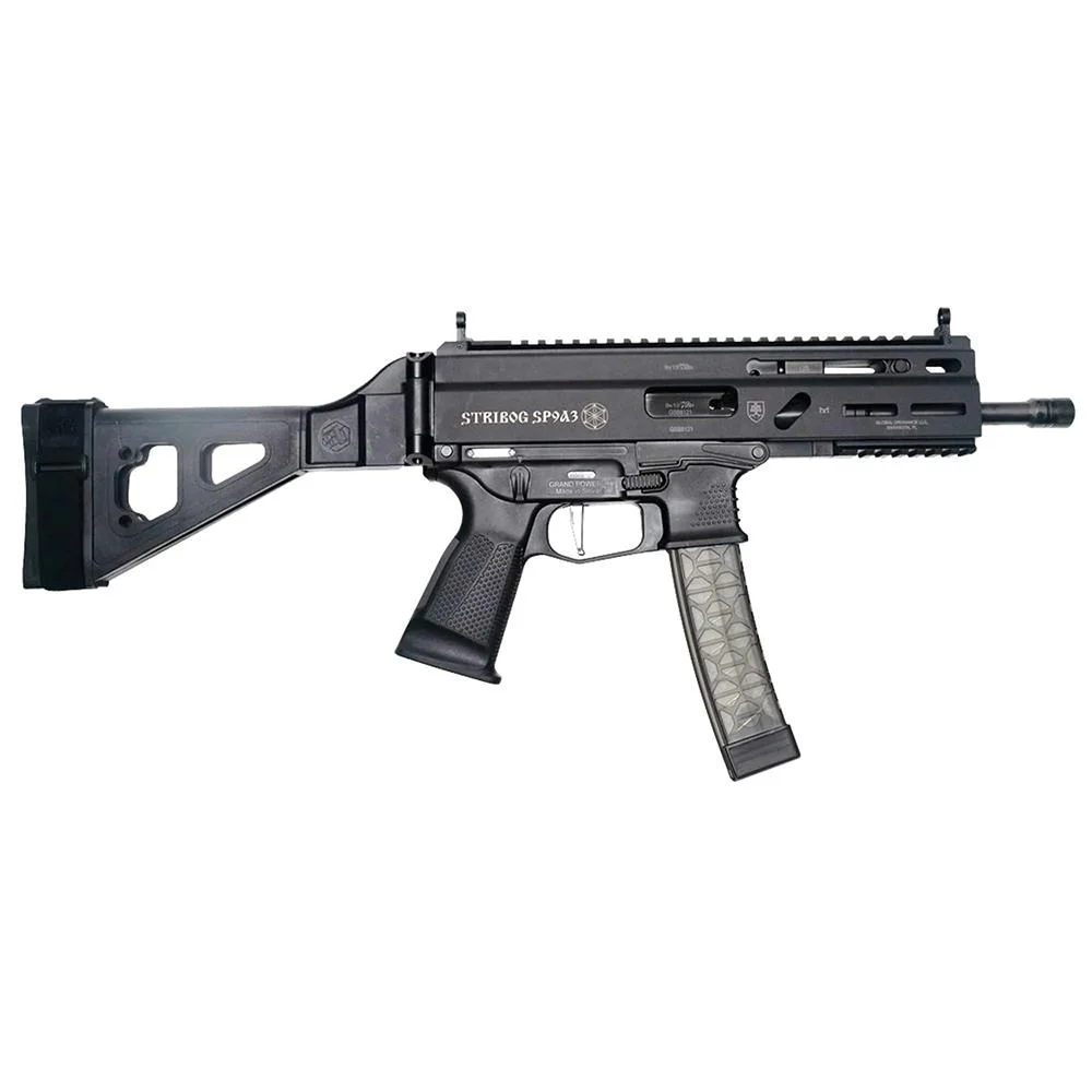 stribog-sp9a3-9mm-pistol-primary Grand Power GPWR STRIBOG SP9A3 in black, right-side view with folding brace and magazine