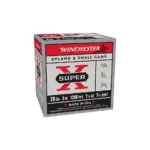 Winchester Super X shotshell, front and right-side view of red, grey and black retail box