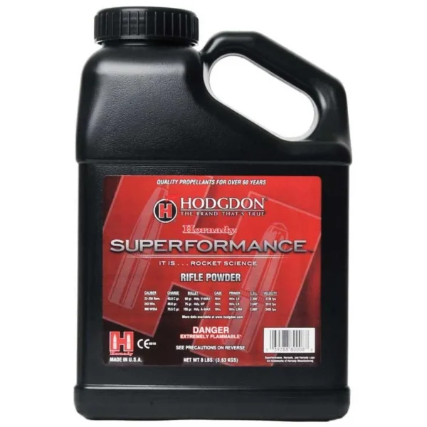 Hodgdon Superformance Spherical Rifle Powder, front view of black jug with red label and handle