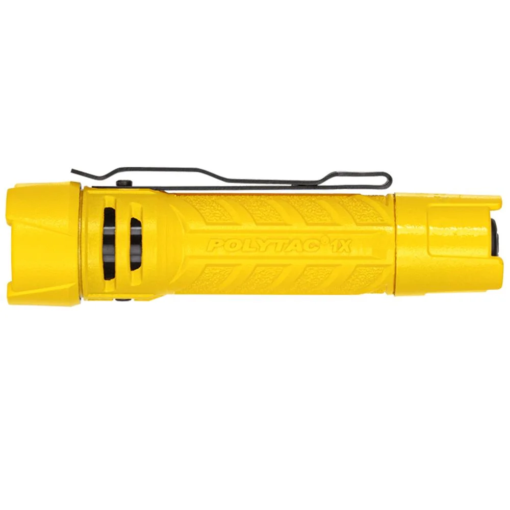 sure-grip-flashlight-primary-1 Streamlight PolyTac 1X USB, yellow side view with black pocket clip and vented head