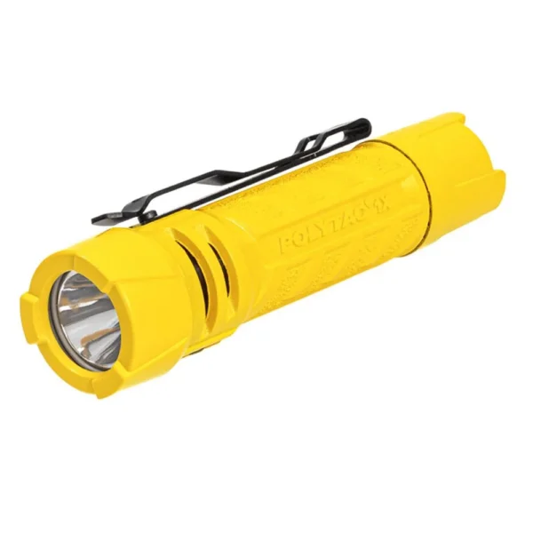 STREAMLIGHT POLYTAC yellow flashlight, angled front view with silver reflector and black pocket clip