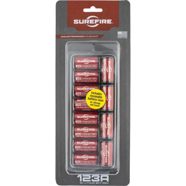 Surefire SF123A Batteries, red batteries visible in black and red retail blister pack