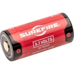 Surefire SF18350 Micro USB Lithium-Ion Rechargeable Battery, red and black angled view