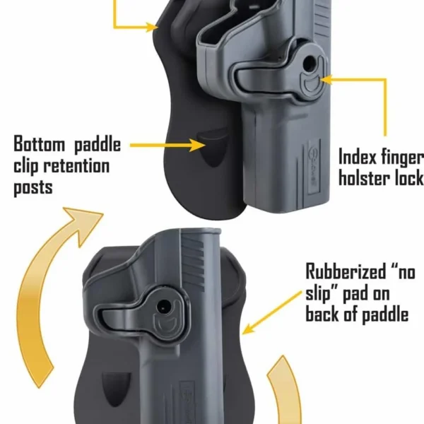 AOB Caldwell Tac Ops holster for Glock 34, black paddle holster shown from front and rear