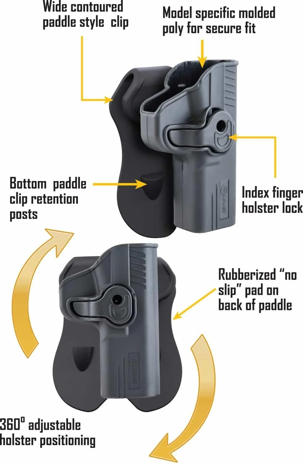 tac-ops-holster-glock-34-primary-1 AOB Caldwell Tac Ops holster for Glock 34, black paddle holster shown from front and rear