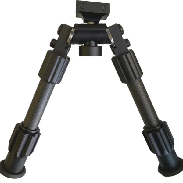 TRUGLO TAC-POD CRBN RAILMNT bipod, front view with black mount, carbon legs and rubber feet