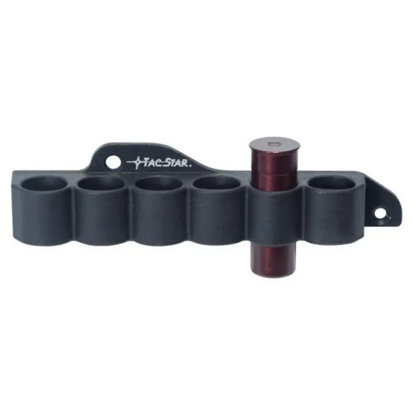 Tacstar Slimline Sidesaddle Shotshell Holder, black six-loop holder with one red shell
