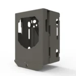 Tactacam Security Box 3.0, black metal security enclosure in front angled view with cutouts