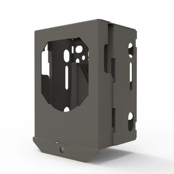 Tactacam Security Box 3.0, black metal security enclosure in front angled view with cutouts