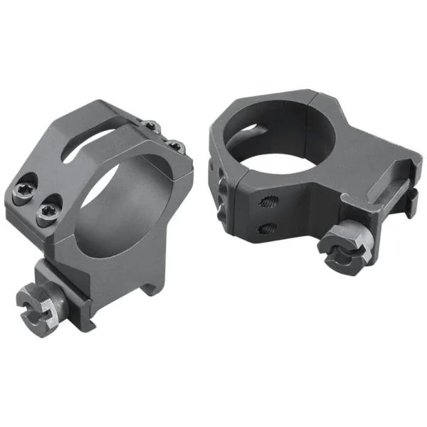 Weaver 4-Hole Tactical Scope Rings matte black angled view showing two rings and mounting screws