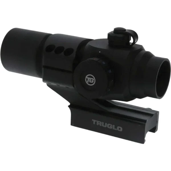 Truglo Triton 30mm Tactical Red Dot Sight, black, right-side view with cantilever mount and lens caps