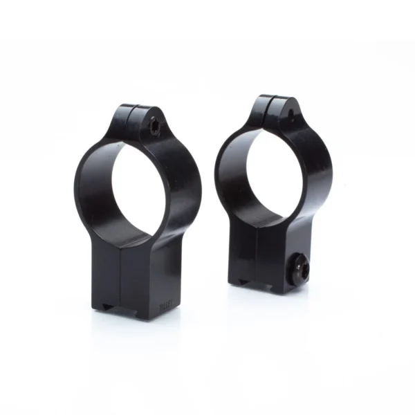 Talley 2-Piece Rimfire Scope Rings, two black rings in angled front view