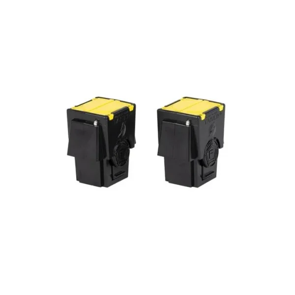 TASER Live Cartridge, two black cartridges with yellow tops in front angled view