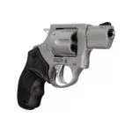 Taurus 327 stainless revolver with black grip and short barrel, front-right view