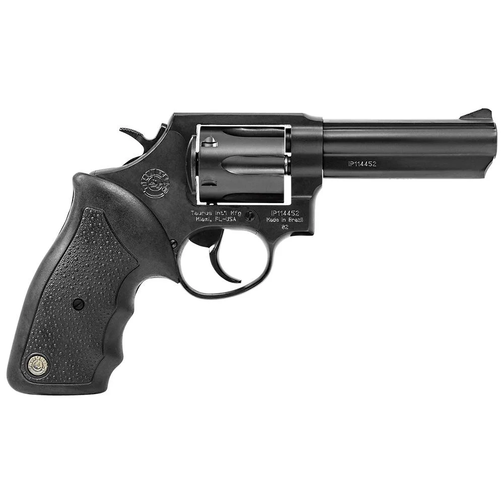 taurus-82-38-special-revolver-primary Taurus 82 black revolver, left-side view with exposed hammer, six-shot cylinder and rubber grip