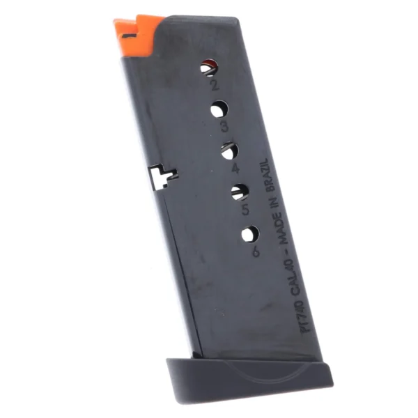 MAG TAURUS G2S black magazine, angled side view with orange follower and witness holes