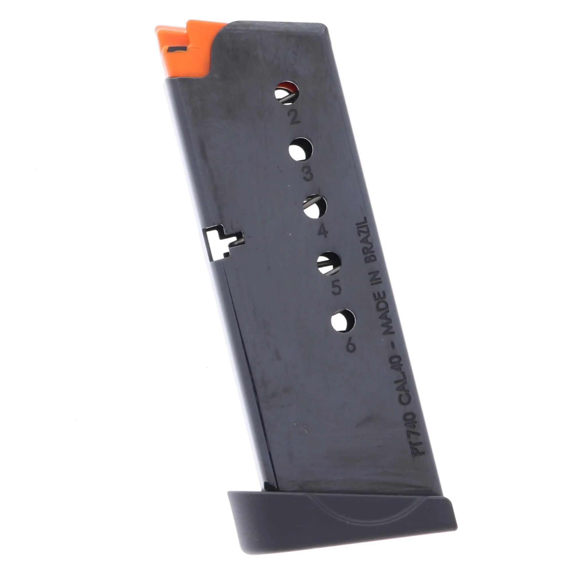 taurus-g2s-40-s-w-6-round-magazine-primary MAG TAURUS G2S black magazine, angled side view with orange follower and witness holes