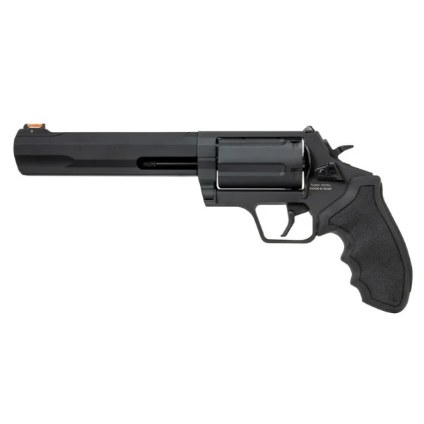 Taurus Judge black handgun, right-side view with long barrel, cylinder and textured grip