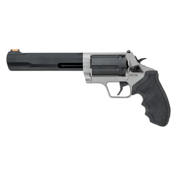 Taurus Judge handgun, right-side view with long black barrel, matte cylinder and stainless frame