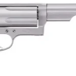 Taurus Judge Magnum handgun, matte stainless left-side view with black grip and long barrel