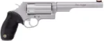 Taurus Judge Magnum handgun, matte stainless left-side view with black grip and long barrel