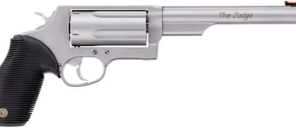 Taurus Judge Magnum handgun, matte stainless left-side view with black grip and long barrel