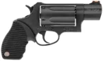 TAURUS PUB DEF, black revolver in left-side view with short barrel and ribbed grip