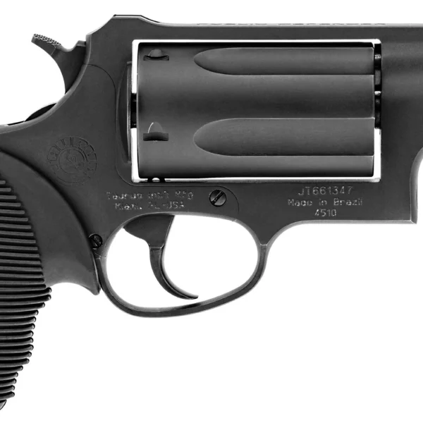 TAURUS PUB DEF, black revolver in left-side view with short barrel and ribbed grip