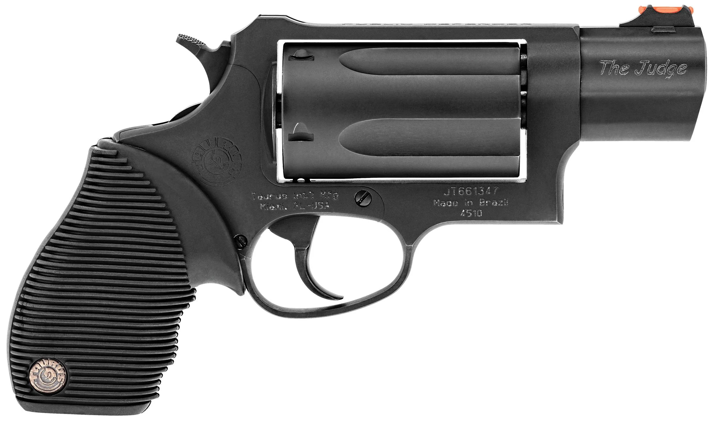 taurus-judge-public-defender-45-colt-410-revolver-primary TAURUS PUB DEF, black revolver in left-side view with short barrel and ribbed grip