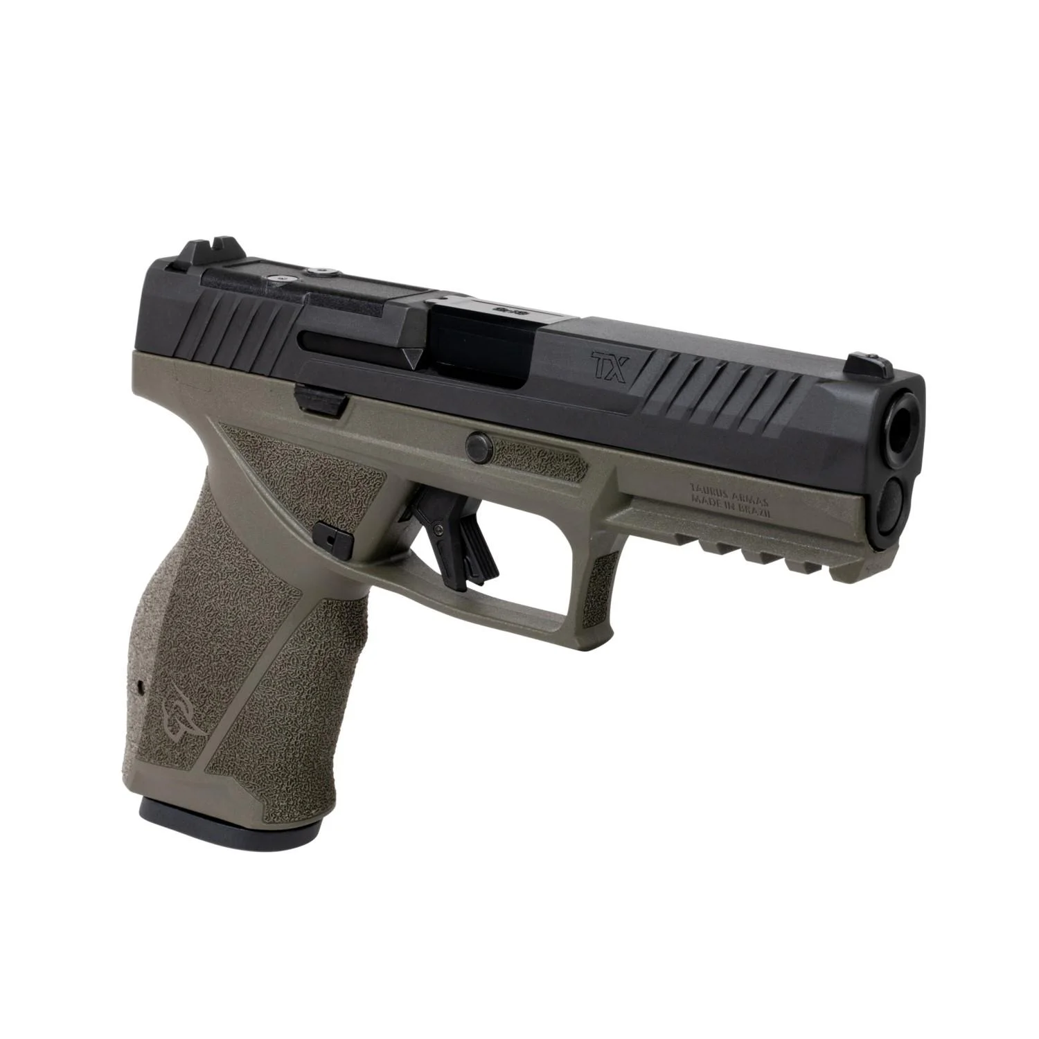 taurus-tx-9mm-handgun-primary-3 TAURUS TX black and olive drab pistol, angled right-side view with textured grip and accessory rail