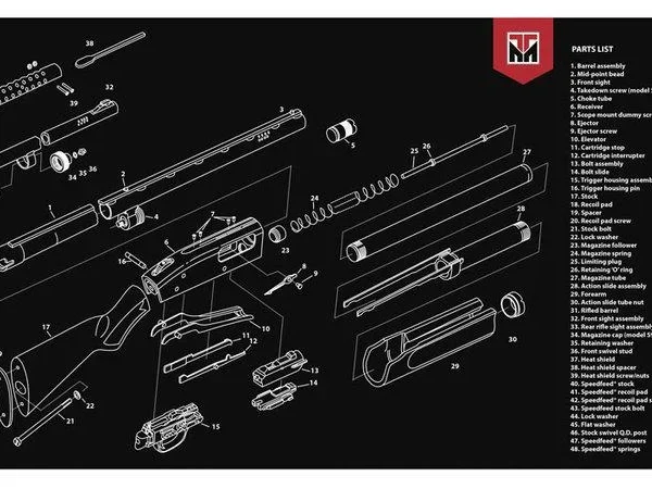 TEKMAT SHOTGUN MAT MOSSBERG PUMP, black top view with white exploded diagrams and text