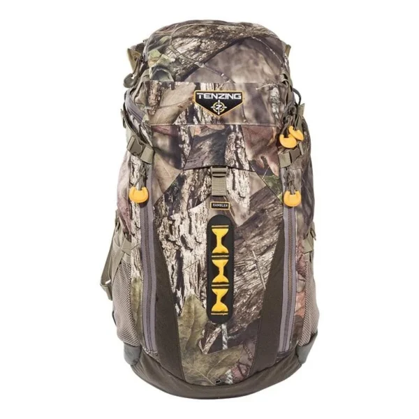 GSM Tenzing Rambler Day Pack, Mossy Oak camo front view with zip pockets and yellow pulls