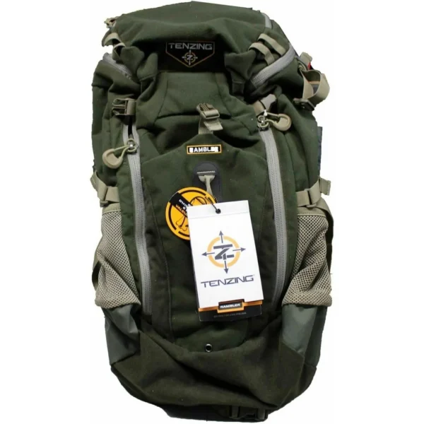 Gsm Tenzing TX15 Rambler Backpack, green front view with straps, pockets and tag