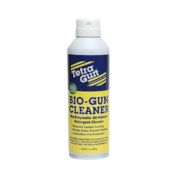 Tetra Gun Bio Gun Cleaner Spray, front view of white aerosol bottle with blue and yellow label
