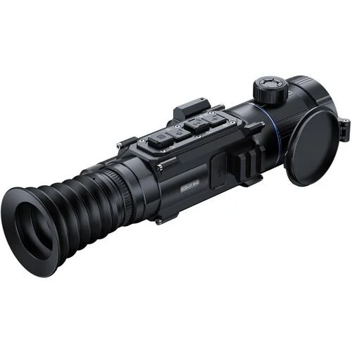 Pard Bobcat 480 Thermal Imaging Monocular, black right-side view with eyecup and lens cap
