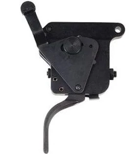 TIMNEY TRIG FITS REM700 black trigger assembly, front view with curved trigger and safety lever