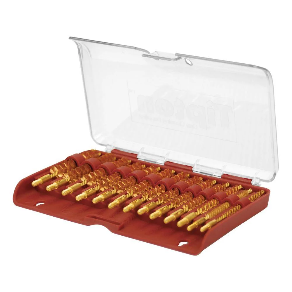 tipton-best-bore-brush-rifle-set-13-ct-primary AOB Tipton Best Bore Brush Rifle Set, open red case with assorted bronze brushes