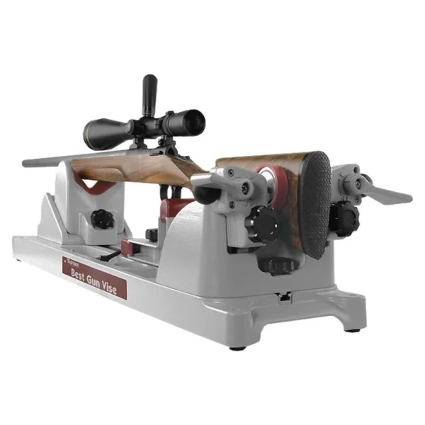 AOB Tipton Best Gun Vise, angled side view holding a scoped rifle
