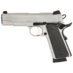 Tisas 1911 Carry SS45 stainless handgun, right-side view with black grips and magazine