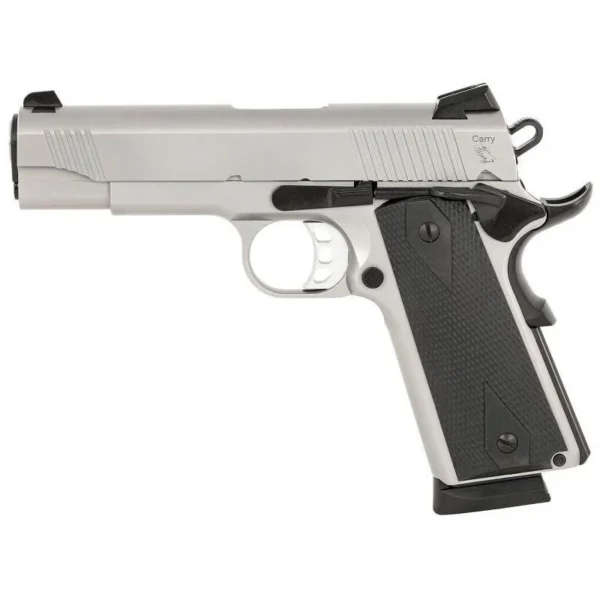Tisas 1911 Carry SS45 stainless handgun, right-side view with black grips and magazine