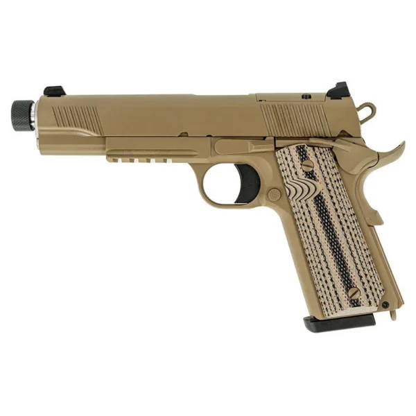 Tisas 1911 B45RGD TH Raider FDE pistol, left-side view with patterned grips and threaded barrel