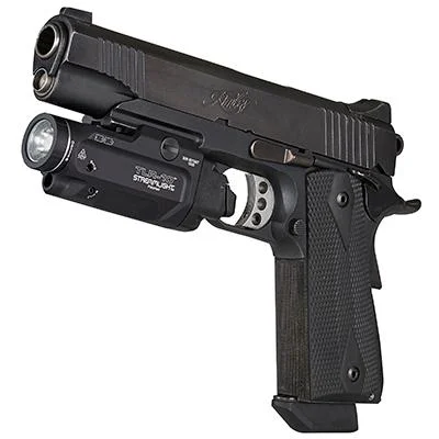 Streamlight TLR-10 Gun Light with Red Laser, black light mounted under a black pistol in side view