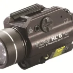 Streamlight TLR-2 HL G Rail Mount Flashlight, black angled side view with round lamp and rail clamp