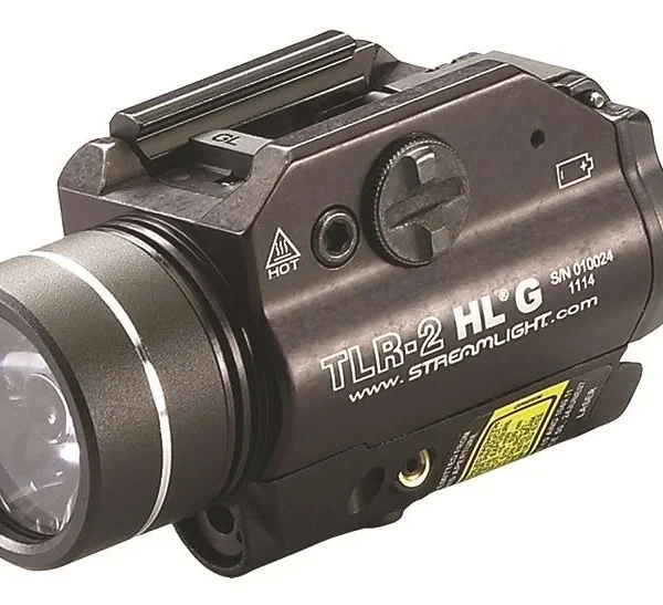 Streamlight TLR-2 HL G Rail Mount Flashlight, black angled side view with round lamp and rail clamp