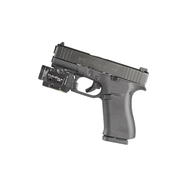 Streamlight TLR-8 HL-X Sub, black weapon light mounted beneath a black handgun, right-side view