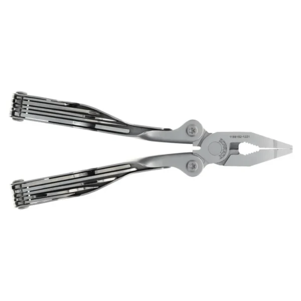 Battenfeld Knives Schrade Tough Tool silver multitool, open top view with pliers and tools extended