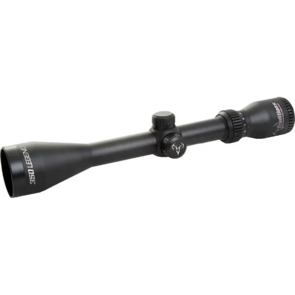 Traditions 350 Legend Rifle Scope, black right-side view with objective bell and adjustment turrets