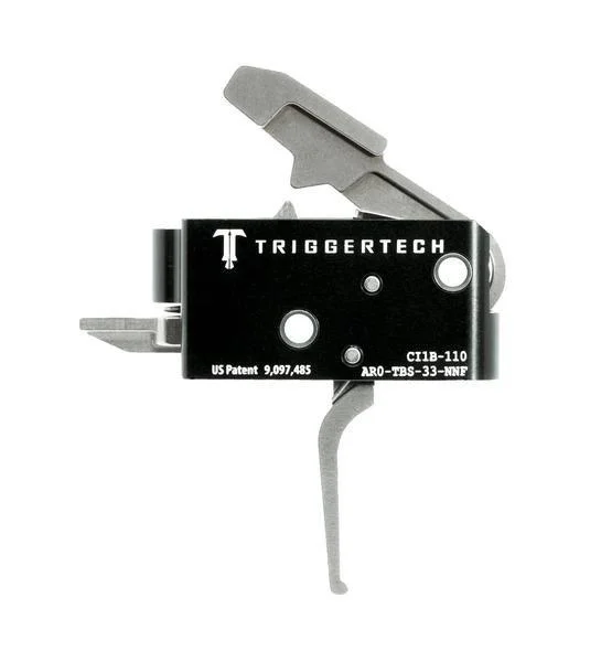 TriggerTech AR15 Competitive Flat Trigger, side view of black housing with silver trigger assembly